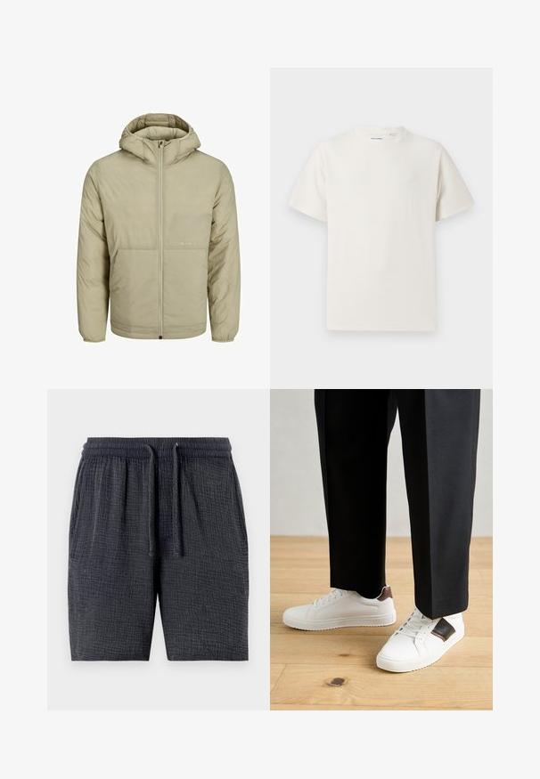 Beige hoodie met een rits aan de voorkant, voorzien van een subtiel logo op de borst, en een gequiltde textuur met elastische manchetten en een elastische zoom.; Witte korte mouwen T-shirt met ribbelstructuur. Ronde hals, ontspannen pasvorm, geen zichtbare patronen of accenten. Eenvoudig en veelzijdig ontwerp.; Donkergrijze shorts van textuurstof, met een elastische tailleband met een trekkoord en zijzakken.; Witte sneakers met een gladde textuur, voorzien van bruine lederen accenten en zwarte details, gecombineerd met zwarte maatpakken. Achtergrond van houten vloeren.