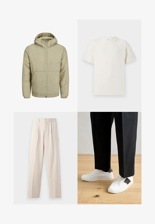 Beige színű kapucnis dzseki, elöl cipzárral, a mellkason egy halvány logóval rendelkezik, és steppelt textúrával, rugalmas mandzsettákkal és aljjal.; Fehér, rövid ujjú póló bordázott textúrával. Kerek nyakkivágás, laza szabás, nincs látható minta vagy díszítés. Egyszerű és sokoldalú dizájn.; Sima anyagból készült bézs színű bővülő nadrág, elől redővel, egy gombos záródással és letisztult alsó szegéllyel.; Fehér sneaker, sima textúrával, barna bőr díszítéssel és fekete részletekkel, fekete szabott nadrággal párosítva. Fából készült padló háttér.