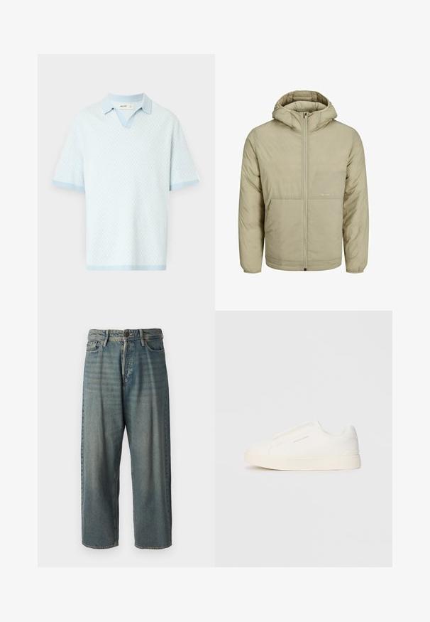 Beige krēma krāsas kapuce jaka ar rāvējslēdzēja priekšu, ar diskrētu logotipu uz krūtīm, ar quilted tekstūru un elastīgām piedurknēm un apakšmalu.; Gai zils īsām piedurknēm polo krekls ar teksturētu rakstu, V-veida kakla izgriezumu un kontrastējošu gaiši zilu apkakli un piedurkņu galiem.; Gaiši zili džinsi ar brīvu piegriezumu, vidējo jostas augstumu un taisnām kājām. Satur piecas kabatas, jostas cilpas un pogu aizdari.; Baltas slip-on sporta apavi ar teksturētu virsmu, biezu zoli un minimālistisku dizainu. Sānos redzams zīmola logotips.
