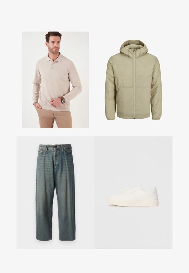 Béžová kapucňová bunda so zipsom na prednej strane, obsahuje nenápadné logo na hrudi a prešívanú textúru s elastickými manžetami a dolným lemom.; Béžová polokošeľa s dlhým rukávom s rebrovanou štruktúrou, s tromi gombíkmi a priliehavým lemom. Nosí sa s svetlými nohavicami a hodinkami.; Svetlomodré denimové nohavice so voľným strihom, stredne vysokým pásom a rovnými nohavicami. Obsahujú päť vreciek, pútka na opasok a zapínanie na gombík.; Biele slip-on tenisky s textúrovaným povrchom, hrubou podrážkou a minimalistickým dizajnom. Obsahuje logo značky na boku.