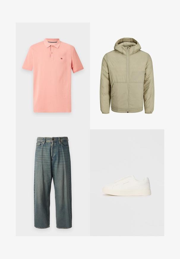 Beige bunda s kapucí a zipem vpředu, má jemné logo na hrudi a prošívanou texturu s elastickými manžetami a lemem.; Pánská polokošile ve světlém korálovém odstínu, vyrobená z bavlny, s krátkým rukávem, tříknoflíkovým zapínáním, s jemným logem vyšitým na hrudi, hladká textura.; Světle modré denimové džíny s volným střihem, středně vysokým pasem a rovnými nohavicemi. Obsahují pět kapes, poutka na opasek a zapínání na knoflík.; Bílé slip-on tenisky s texturovaným povrchem, silnou podešví a minimalistickým designem. Na boku je umístěno logo značky.