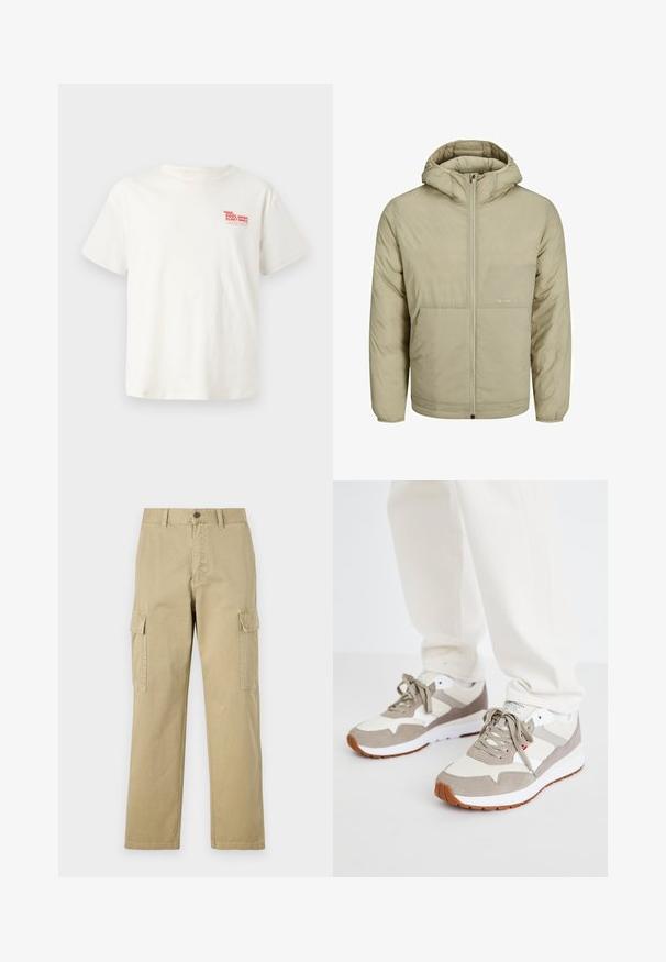 Jachetă bej cu glugă și fermoar frontal, cu un logo subtil pe piept și o textură matlasată, având manșete și tiv elastic.; Tricou alb din bumbac cu mâneci scurte, având un grafic roșu "SERVICII DE REPARAȚIE PISCINE" pe partea stângă a pieptului.; Pantaloni cargo bej din bumbac, cu două buzunare laterale, închidere cu nasture și picioare drepte dintr-un material ușor texturat.; Adidași bej și gri dintr-un amestec de piele întoarsă și material textil. Prezintă o talpă intermediară albă și o talpă exterioară din cauciuc de tip gumă. Design standard cu șireturi.