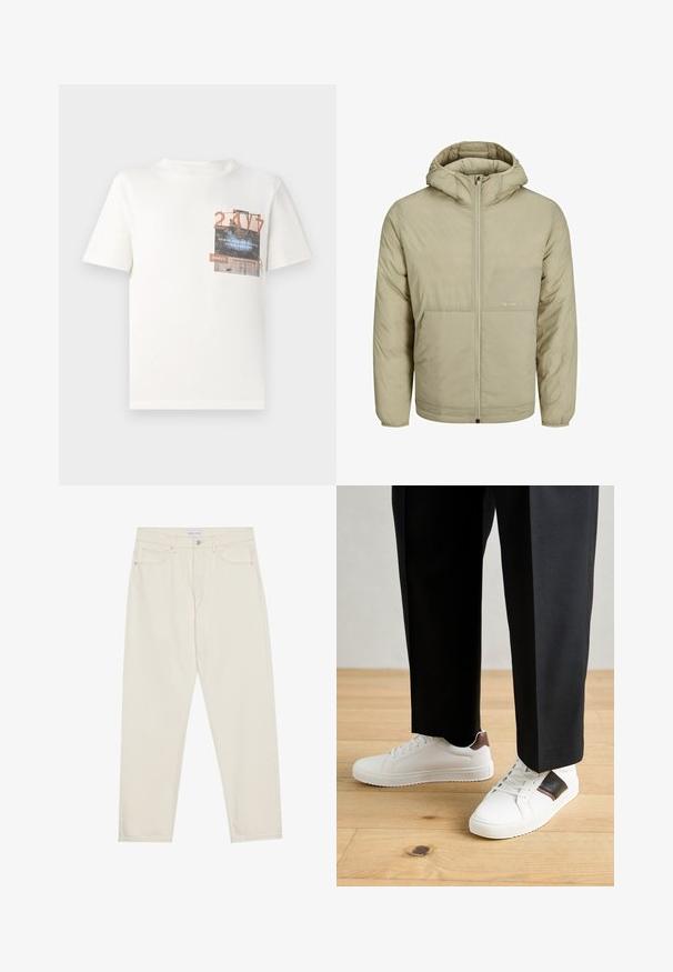 Chaqueta con capucha color beige, con cierre frontal, presenta un logo sutil en el pecho y una textura acolchada con puños y dobladillo elásticos.; TOM TAILOR DENIM Camiseta estampada - gardenia white; Pantalones de mezclilla beige con corte recto, que cuentan con cinco bolsillos, cierre de botón y detalles de costura sutiles. Textura suave.; Zapatillas blancas con textura suave, con acentos de cuero marrón y detalles en negro, combinadas con pantalones negros ajustados. Fondo de suelo de madera.