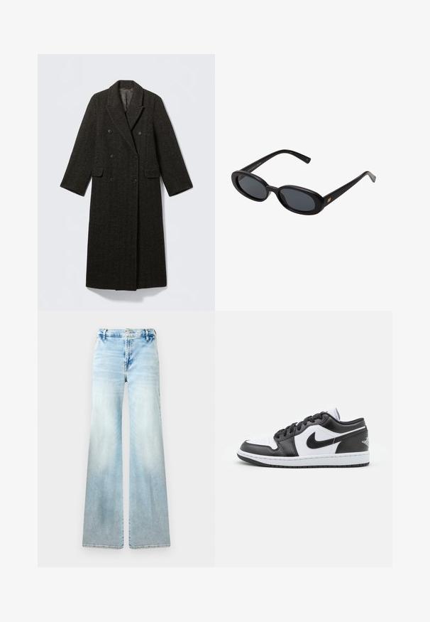 Casaco de lã escuro com padrão de espinha de peixe, design de abotoamento duplo, grandes lapelas e dois bolsos frontais. Corte longo e recto.; Camisa branca de manga longa feita de tecido canelado, com decote redondo e forma ajustada. Não possui padrões nem acentos.; Calças de ganga azul claro em corte flare. Apresentam um acabamento desbotado, bolsos standard e fecho com botão na cintura.; As sapatilhas Nike de cano baixo, em preto e branco, apresentam um cabedal em couro liso, bico redondo, fecho com atacadores e uma sola de borracha com padrão.; Óculos de sol pretos oversized com lentes ovais, armação de plástico suave e detalhes em dourado nas hastes. As lentes escuras oferecem proteção solar.