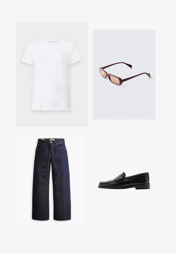 Manteau en laine à motif chevrons foncé, à double boutonnage, avec de grands revers et deux poches avant. Coupe longue et droite.; T-shirt blanc à manches courtes en coton avec un col ras du cou. Texture lisse et coupe droite, sans motifs ni accents.; Jeans en denim bleu foncé à jambes larges, avec une taille haute, dotés d'un lien à cordon, de cinq poches et de détails de couture contrastants.; Mocassin en cuir noir avec une silhouette courbée, une sangle décorative, des coutures texturées et une semelle en caoutchouc plate. Fini lisse et design élégant.; Lunettes de soleil bordeaux avec monture rectangulaire, verres dégradés et branches élégantes. Le matériau a une finition lisse et brillante.