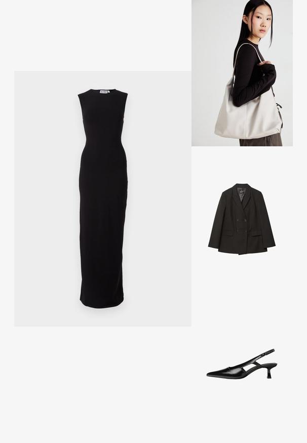 Veste noire à double boutonnage avec revers en notch, deux poches à rabat à l'avant et poignets boutonnés, posée à plat sur un fond blanc.; Robe maxi noire sans manches avec une silhouette ajustée. Fabriquée dans un tissu lisse, elle présente un col rond et une coupe droite jusqu'à l'ourlet.; Escarpins slingback en cuir verni noir avec un bout pointu, un design découpé sur les côtés et un petit talon carré. Texture lisse avec des accents minimaux.; Sac à main beige en matériau souple, avec un design décontracté, des détails cousus et deux poignées. Idéal pour un usage quotidien.