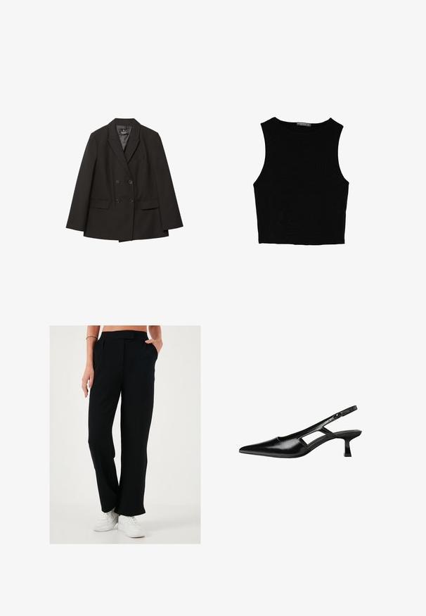 Schwarzer doppelt geknöpfter Blazer mit Revers, zwei vorderen Klappentaschen und knöpfbaren Manschetten, auf weißem Hintergrund flach ausgelegt.; Schwarzes ärmelloses Crop-Top aus glattem Stoff, mit rundem Ausschnitt und einem klaren, schlichten Design ohne Muster oder Beschläge.; Schwarze, weit geschnittene Hosen mit glatter Textur, gefältelter Vorderseite und seitlichen Taschen. In Kombination mit weißen Sneakern für einen Kontrast.; Schwarze Lackleder-Slingback-High Heels mit spitzer Zehenform, ausgeschnittenem Seitendesign und kleinem Blockabsatz. Glatte Textur mit minimalen Akzenten.