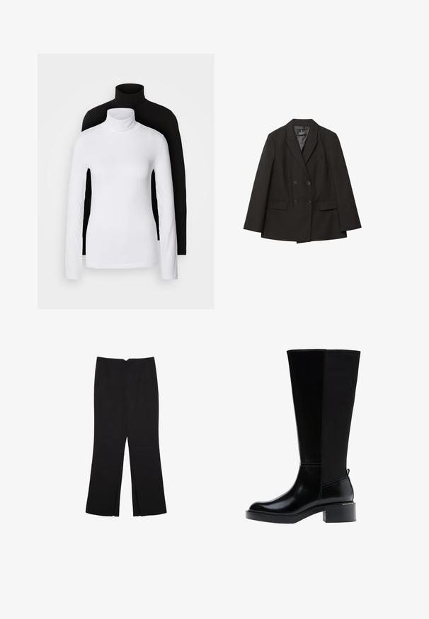 Černá dvouřadá sako s klopami, dvěma předními kapsami s klopou a knoflíkovými manžetami, položené na bílém pozadí.; Dvě dlouhé rolákové topy, jeden bílý a jeden černý, vyrobené z hladkého, elastického materiálu, oba s přiléhavým střihem a vysokými límci.; Černé kalhoty s rovným střihem, s předními kapsami a bočními rozparky na lemu. Vyrobené z jemné, hladké tkaniny. Vhodné na různé příležitosti.; Černá kozačka ke kolenu z hladké kůže, s výrazným prošíváním, robustním podpatkem a texturovaným zadním panelem pro větší zajímavost.