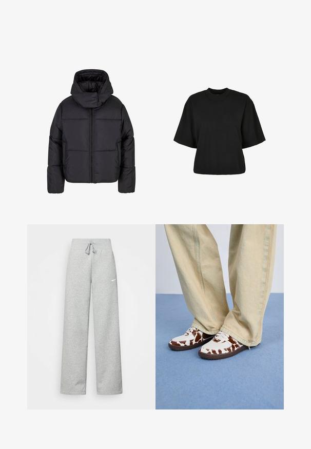 Čierna nafukovacia bunda s vysokým golierom a zipsovým uzáverom. Má prešívaný dizajn, elastické manžety a dve predné vrecká.; Čierne skrátené tričko z bavlny. Disponuje krátkymi rukávmi a okrúhlym výstrihom. Hladká textúra s jednoduchým dizajnom, bez ďalších vzorov.; Šedé tepláky s elastickým pásom, detailom na šnúrku a malým bielym logom Nike na ľavom stehne. Mäkká tkanina, voľný strih.; Biele a hnede vzorované tenisky z mesh a kože, s hnedými gumovými podrážkami. Skombinované so svetlobežovými voľnými nohavicami.