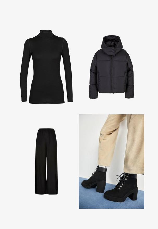 Musta puhvijakki korkealla kaulalla ja vetoketjukiinnityksellä. Sisältää tikkikuosiset yksityiskohdat, elastiset hihansuut ja kaksi etutaskua.; Musta pitkähihainen poolopaita, joka on valmistettu sileästä, joustavasta kankaasta. Siinä on istuva malli, saumatonta olkapäätä ja korkea kaula.; Mustat leveälahkeiset housut, jotka on valmistettu pehmeästä kankaasta, ja joissa on joustava vyötärö ja sileä pinta. Ei näkyviä kuvioita tai koristeita.; Musta mokka nilkkuri, jossa on paksu korko, pyöreä kärki ja hopeiset rei'itykset, varustettuna matta mustalla nahakukanalla ja tekstuurilla varustetulla pohjalla.