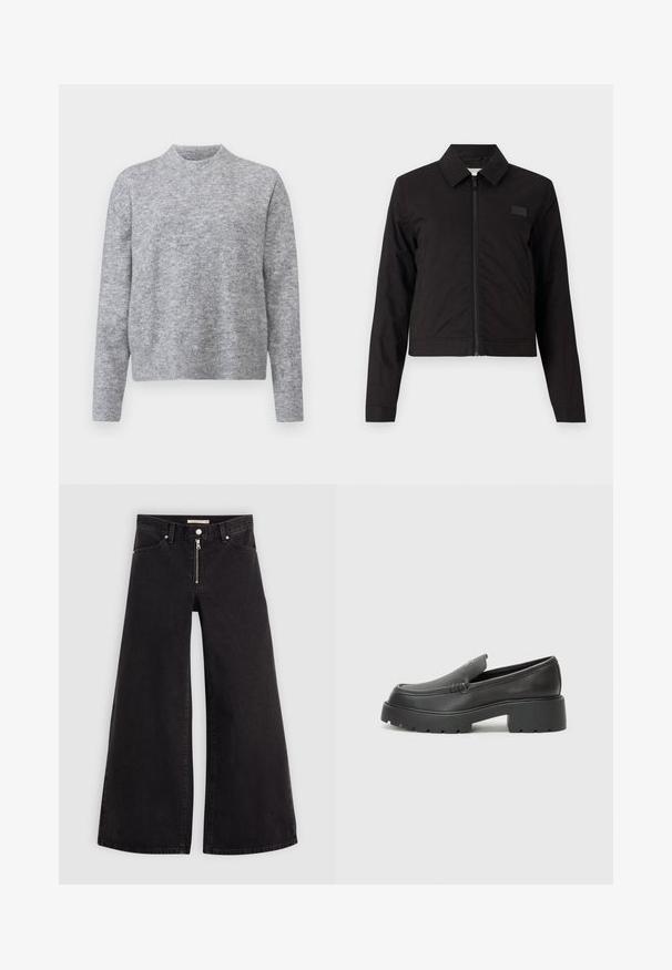 Zwart cropped jack met een rits aan de voorkant, spitse kraag en lange mouwen. Gladde stof met minimale accenten, voorzien van een klein logo op de borst.; Grijze trui van zacht gebreid materiaal, met een ronde halslijn en lange mouwen met ribbels aan de boorden en onderkant. Geen patronen of accenten.; Wijdvallende jeans van zwarte denim met een ritssluiting aan de voorkant, vijf zakken en subtiele stikdetails. Soepele textuur en casual stijl.; Zwarte leren instappers met een ronde neus, dikke getextureerde zool en minimale stikseldetails. Strak ontwerp zonder zichtbare veters of hardware.