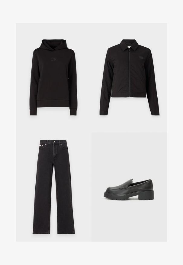 Jachetă neagră scurtă, cu fermoar în față, guler ascuțit și mâneci lungi. Material neted cu accente minime, având un mic logo pe piept.; Hanorac negru dintr-un material neted, cu glugă ajustabilă, mansete ribbate și un logo CK ton pe piept.; Jeanși negri cu picioare largi, fabricați din denim, cu talie înaltă, stil cu cinci buzunare și închidere cu nasture metalic, cu cusături contrastante.; Mocasini din piele neagră, cu vârf rotunjit, talpă groasă texturată și detalii minimale de cusătură. Design elegant, fără șireturi sau accesorii vizibile.