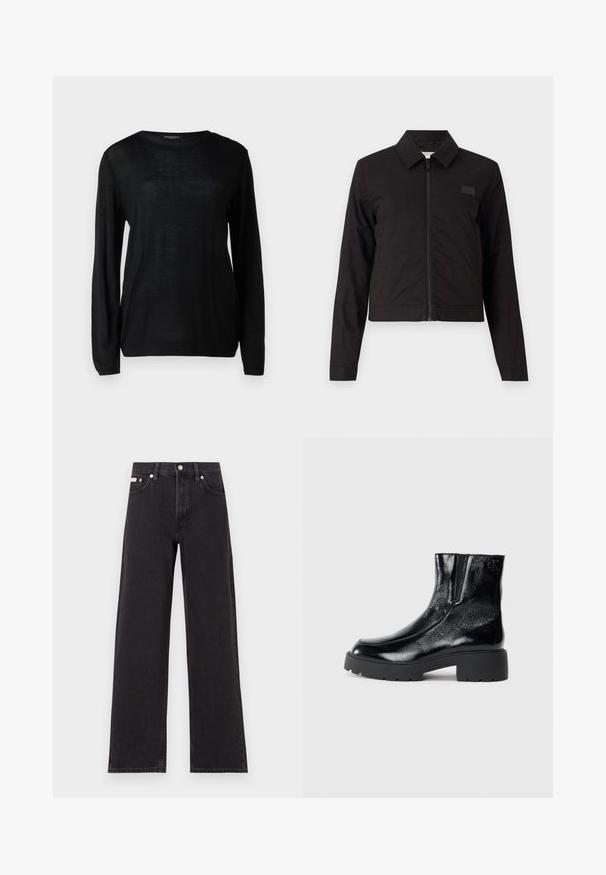 Fekete, rövidített dzseki cipzárral az elején, hegyes gallérral és hosszú ujjakkal. Simaság jellemzi minimális díszítésekkel, mellkasán egy kis logó folttal.; Fekete, hosszú ujjú pulóver kerek nyakkal. Könnyű, textúrált anyagból készült. Egyszerű, egyszínű dizájn minták vagy díszítések nélkül.; Fekete, bőszárú farmernadrág, magas derekú, öt zsebes kialakítással és fém gombos záródással, kontrasztos varrással.; Fekete bokacsizmák fényes lakkbőr felülettel, vastag fekete gumitalppal és megemelt sarokkal; oldalon diszkrét logó részlettel.