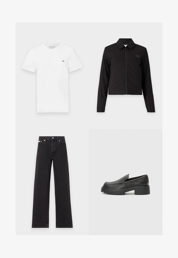 Czarna krótka kurtka z zapięciem na zamek, szpiczastym kołnierzem i długimi rękawami. Gładki materiał z minimalnymi akcentami, z małą naszywką z logo na klatce piersiowej.; Biała bawełniana koszulka z krótkim rękawem i okrągłym dekoltem. Posiada małe czarne logo "ck" na lewej piersi. Gładka faktura.; Czarne dżinsy o szerokich nogawkach, wykonane z denimu, z wysokim stanem, pięcioma kieszeniami oraz metalowym zapięciem z kontrastowym szwem.; Czarne skórzane mokasyny z zaokrąglonym noskiem, grubą fakturowaną podeszwą oraz minimalnymi detalami szycia. Elegancki design bez widocznych sznurowadeł czy elementów metalowych.