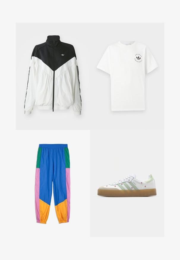Witte en zwarte zip-up jas met hoge kraag, met een chevronontwerp, elastische manchetten en een zijstreep. Lichtgewicht stof, sportieve stijl.; Witte katoenen t-shirt met korte mouwen, ronde halslijn en zwart Adidas Originals-logo gedrukt op de linkerborst.; Kleurige trackbroeken met panelen in blauw, groen, roze en oranje. Gemaakt van lichtgewicht stof met een elastische tailleband en boorden.; Witte sneaker met groene accenten, drie strepen, bloem borduurwerk en een gumrubberen zool. Heeft een ronde neus en een vetersluiting.