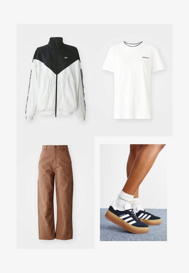 Veste zippée blanche et noire avec un col haut, présentant un design en chevrons, des poignets élastiques et des bandes latérales. Tissu léger, style sportif.; T-shirt en coton blanc à manches courtes et à encolure ronde. Présente un logo Adidas noir sur la poitrine et un col intérieur noir contrastant.; Pantalons larges marron en tissu robuste. Dotés d'une taille haute, de poches avant et de détails de couture subtils.; Baskets en daim noir avec des rayures et des accents blancs, bout arrondi, semelle extérieure en caoutchouc gomme, associées à des chaussettes blanches côtelées mi-mollet.