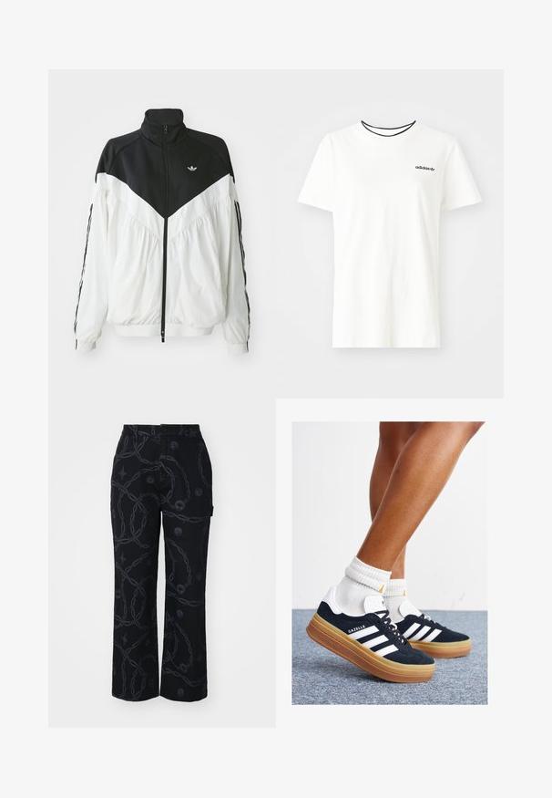 Valge ja must tõmblukuga jakk kõrge kraega, millel on chevron-muster, elastsed mansetid ja külgede triibud. Kerge kangas, sportlik stiil.; Valge puuvillasest t-särgist lühikeste varrukatega ja ümarate kaelustega. Rinnal on must Adidas'i logo ning kontrastne must sisekaelus.; Mustad laiad püksid, mis on valmistatud kangast, millel on tume kettmustri ja ümmarguste embleemide aktsendid. Nööp sulgemine ja küljetaskud on kaasatud.; Mustad seemisnahast tossud valgete triipude ja detailidega, ümarate varbassosadega, kummist välistallaga, paaritatud valgete soonikuliste meessokkidega.