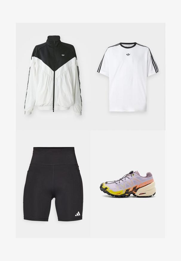 Veste zippée blanche et noire avec un col haut, présentant un design en chevrons, des poignets élastiques et des bandes latérales. Tissu léger, style sportif.; T-shirt blanc en coton, doté d'un col rond noir et de trois rayures noires sur chaque épaule. Petit logo noir sur la poitrine.; Shorts de sport noirs en tissu extensible. Taille haute, longueur mi-thigh, avec le logo à trois rayures blanches en bas à gauche.; Salomon SPEEDCROSS 6 - Chaussures de running - orchid petal/black/sulphur spring