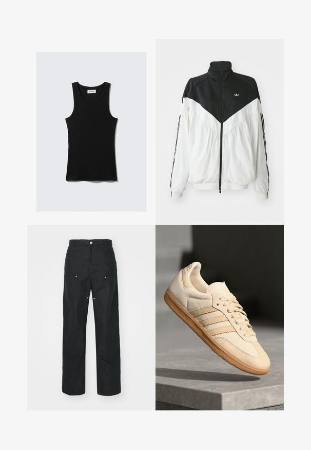 Weißes und schwarzes Zip-Up-Jacke mit hohem Kragen, mit einem Chevron-Design, elastischen Bündchen und seitlichen Streifen. Leichtes Material, sportlicher Stil.; Schwarzes Baumwoll-Tanktopp mit rundem Ausschnitt, breiten Trägern und figurbetontem Schnitt. Mit dem weißen Markenlabel versehen.; Schwarze Hose mit geradem Bein, aus einem strukturierten Stoff. Verfügt über dekorative silberne Hardware und einzigartige Nahtdetails.; Helle beigetöne Wildledersneaker mit Gumminsohle, drei schrägen Streifen und einer strukturierten Zehenkappe. Mit Logo auf der Zunge und der Seite.