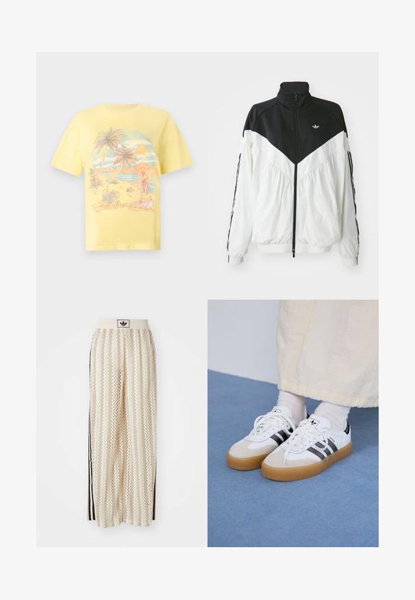 Valge ja must tõmblukuga jakk kõrge kraega, millel on chevron-muster, elastsed mansetid ja külgede triibud. Kerge kangas, sportlik stiil.; Kollane puuvillane T-särk, millel on troopilise ranna stseen palmipuude, päikeseloojanguga ja hula-tantsija illustratsiooniga. "Billabong" kalligraafiliselt.; Kreemivärvilised lai säärega püksid, millel on siksakmustrit, must logoga vööp ja külgmised mustad triibud. Kerge, tekstureeritud kangas.; Valged tossud mustade triipudega ja beeži nahaga aktsentidega. Omavad tekstuuriga kummist talla ja lamedaid valgeid paelu, kantud heledate sokkidega.