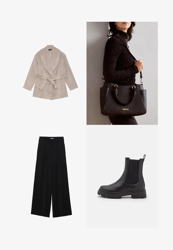 Taupe wool-blend coat with a wide notched collar, long sleeves, and a tied belt at the waist. Features a smooth texture and subtle stitching details.; Navy and white striped long-sleeve top with a boat neckline and gold-button accents on rolled sleeves. Soft fabric, relaxed fit.; Black wide-leg pants featuring a textured fabric, an elastic waistband, and a detachable sash tie at the waist for adjustable fit.; Black leather ankle boot with elastic side panels, rounded toe, and textured rubber sole. Features a loop at the back for easy wear.; Black handbag with textured surface, dual top handles, and adjustable shoulder strap. Features gold-tone hardware and side pockets.