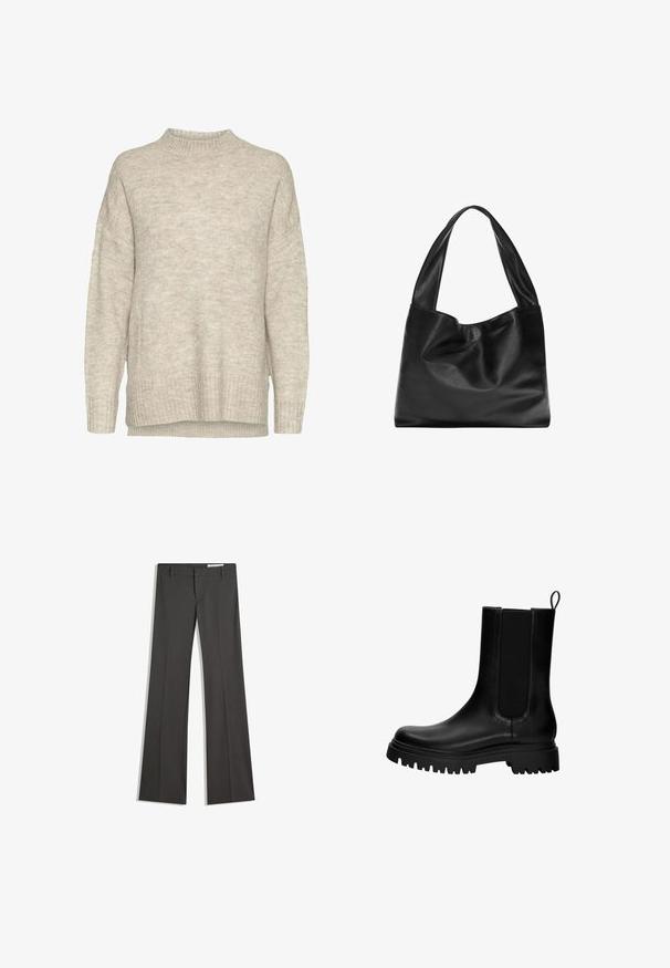 Vero Moda VMFORTUNE SHILA - Palton scurt - oatmeal; Pulover tricotat bej deschis cu guler înalt, umeri lăsați, manșete ribbate și tiv. Materialul are un finisaj moale și texturat.; Pantaloni gri evazați dintr-un material neted, cu un front plat, bucle pentru curea și un design ajustat cu linii curate.; Botină de piele neagră până la gleznă, cu panouri elastice pe laterale, un loop pentru tras și o talpă groasă, robustă. Textură netedă cu un design modern.; Geantă de umăr din piele neagră, cu un design moale și lejer, mânere late și o textură netedă. Fără elemente de prindere vizibile sau embellishemnts.