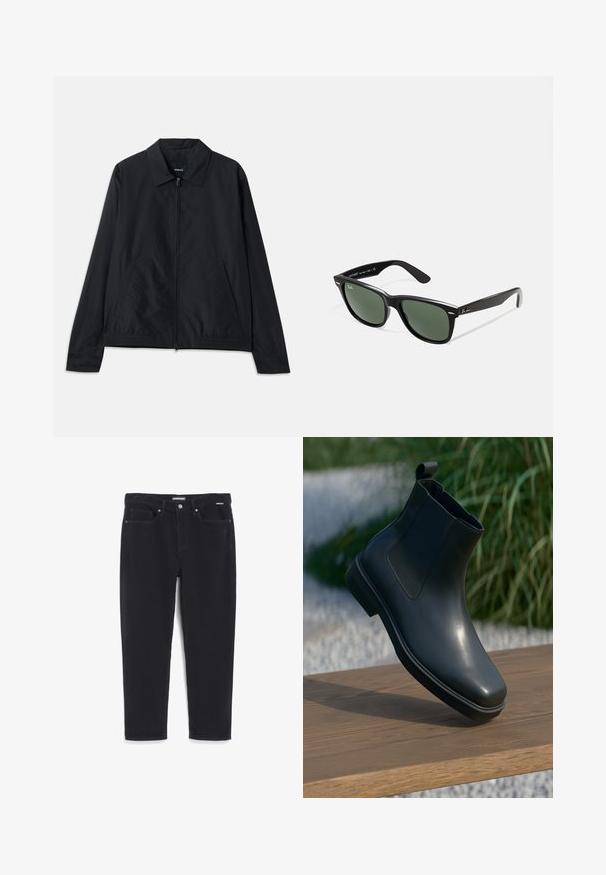 Zwarte lichtgewicht jas met een kraag, ritsluiting aan de voorkant, zijzakken en elastische tailleband. Glad, matte textuur.; Zwarte lange mouwen trui met een hoge kraag en een korte zilveren rits in het midden vooraan.; Zwarte corduroy broek met een rechte pasvorm, vijf zakken, een knoopsluiting en een subtiele ribbelstructuur.; Zwarte leren enkellaars met een gladde uitstraling, elastische zijkanten en een lusje als aantrekhaak, rustend op een houten oppervlak tegen een vervaagde achtergrond.; Zwarte plastic zonnebril met groene lenzen, vierkante montuur, zilveren accent op de wenkbrauw en een gestructureerde tempel. Merken vermeld op de binnenkant van de arm.