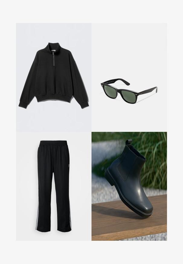 Giacca nera leggera con colletto, chiusura frontale con zip, tasche laterali e vita elasticizzata. Texture liscia e opaca.; Felpa nera con collo alto e mezza zip, caratterizzata da spalle scese e orlo a coste. Realizzata in tessuto morbido e strutturato.; Pantaloni da allenamento neri con elastico in vita, dotati di bande laterali bianche e un piccolo logo. Il materiale sembra morbido e leggero.; Stivale alla caviglia in pelle nera con superficie liscia, lati elasticizzati e un anello per il tiraggio, poggiato su una superficie di legno contro uno sfondo sfocato.; Occhiali da sole in plastica nera con lenti verdi, montatura quadrata, dettaglio argento sulla parte superiore e steli con texture. Marchio indicato sulla parte interna dello stelo.