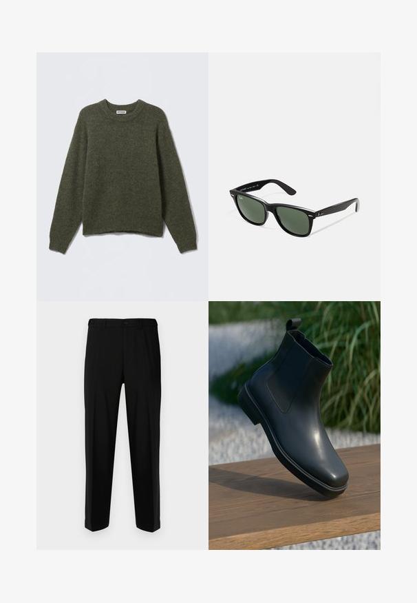 Black lightweight jacket with a collared neck, front zip closure, side pockets, and elasticized waistband. Smooth, matte texture.; Olive green knitted sweater with a crew neck, long sleeves, and ribbed cuffs. Soft texture and relaxed fit, with a waistband slightly cropped.; Black trousers made of smooth fabric, featuring a straight cut, two front pockets, and a zip fly with button closure.; Black leather ankle boot with a smooth surface, elastic sides, and a looped pull tab, resting on a wooden surface against a blurred background.; Black plastic sunglasses with green lenses, square frames, silver accent on the brow, and textured temple arms. Stated brand on inner arm.