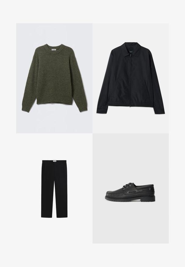 Giacca nera leggera con colletto, chiusura frontale con zip, tasche laterali e vita elasticizzata. Texture liscia e opaca.; Maglione lavorato a maglia verde oliva con colletto rotondo, maniche lunghe e polsini a coste. Texture morbida e vestibilità relax, con orlo leggermente accorciato.; Pantaloni neri con design a gamba dritta, tasche frontali e chiusura con bottone. Realizzati in un tessuto liscio con una finitura elegante.; Scarpa da barca in pelle nera con suola in gomma spessa, lacci anteriori e occhielli decorativi sui lati, su sfondo grigio chiaro uniforme.