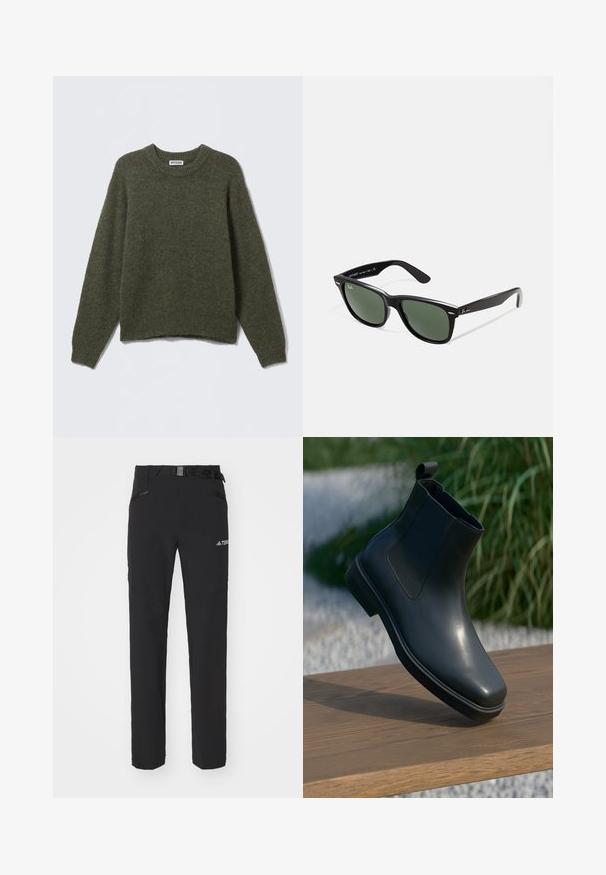 Schwarze, leichte Jacke mit einem kragenförmigen Hals, durchgehendem Reißverschluss, Seitentaschen und elastischem Bund. Glatte, matte Struktur.; Olivengrüner gestrickter Pullover mit Rundhalsausschnitt, langen Ärmeln und gerippten Bündchen. Weiche Textur und lässige Passform, mit einem taillierten, leicht verkürzten Saum.; Schwarze Outdoor-Hosen aus glattem Stoff, mit seitlichen Reißverschlusstaschen, verstärkten Kniepartien und einem verstellbaren Bund mit Schnalle.; Schwarze Leder-Ankleboots mit glatter Oberfläche, elastischen Seiten und einer Schlaufe als Zuglasche, die auf einer Holzoberfläche vor einem verschwommenen Hintergrund stehen.; Schwarze Plastiksonnenbrille mit grünen Gläsern, quadratischen Rahmen, silbernem Akzent auf der Augenbraue und strukturierten Bügeln. Angegebene Marke auf dem inneren Bügel.