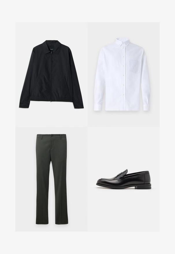 Black lightweight jacket with a collared neck, front zip closure, side pockets, and elasticized waistband. Smooth, matte texture.; White long-sleeve button-up shirt made of cotton, featuring a chest pocket with tonal embroidery, a collar, and button cuffs.; Dark green formal trousers with belt loops, front button closure, and straight leg cut.; Black leather loafers with a smooth texture, rounded toe, and a decorative strap across the vamp. Low stacked heel, minimalist design.