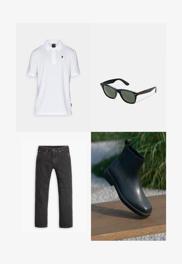 Sort letvægtsjakke med krave, front lynlås, sidelommer og elastisk talje. Glat, mat tekstur.; Hvid polo t-shirt lavet af glat tekstil med en tre-knaps knaplukning og et lille sort logo på venstre bryst. Korte ærmer, klassisk pasform.; Sorte straight-leg denim jeans med fem lommer, knaplukning og copper nitter liggende fladt på en hvid baggrund.; Sort læder ankelstøvle med en glat overflade, elastiske sider og et løkkeagtigt trækstrop, der hviler på en træoverflade mod en sløret baggrund.; Sorte plastiksolkaber med grønne linser, firkantede stel, sølvaccent på brynene og teksturerede templede arme. Angivet mærke på den indre arm.