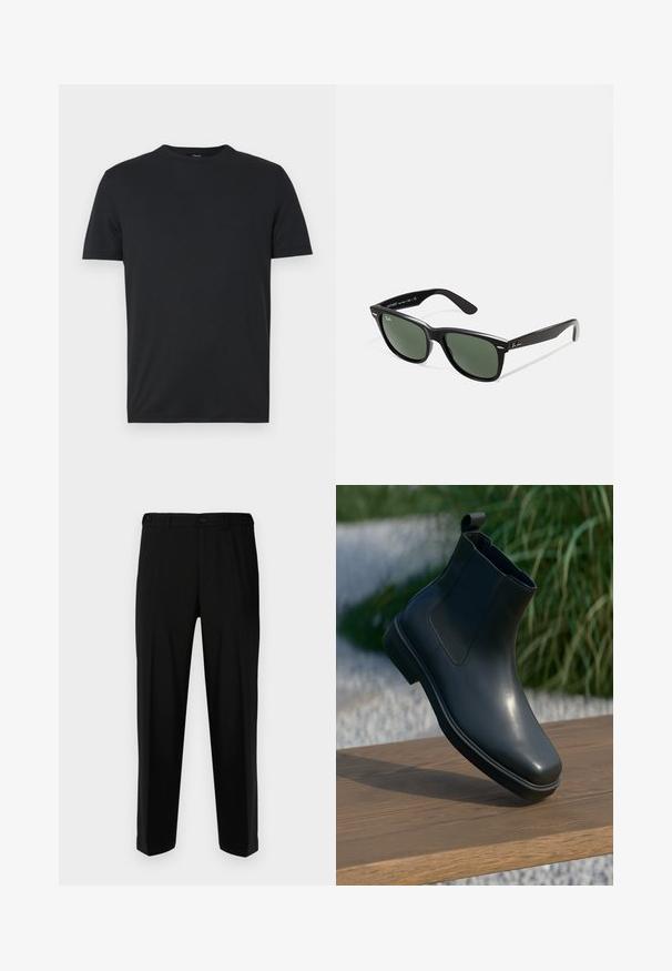 Black lightweight jacket with a collared neck, front zip closure, side pockets, and elasticized waistband. Smooth, matte texture.; Black short-sleeve t-shirt made from a smooth, soft fabric with a round neckline and minimalistic design. No visible logos or patterns.; Black trousers made of smooth fabric, featuring a straight cut, two front pockets, and a zip fly with button closure.; Black leather ankle boot with a smooth surface, elastic sides, and a looped pull tab, resting on a wooden surface against a blurred background.; Black plastic sunglasses with green lenses, square frames, silver accent on the brow, and textured temple arms. Stated brand on inner arm.