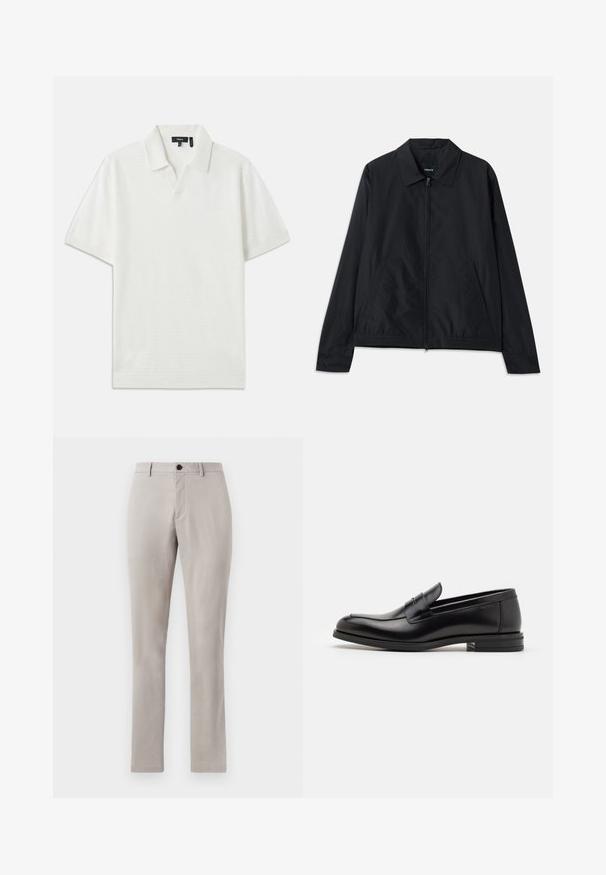 Jachetă ușoară neagră cu guler, închidere cu fermoar frontal, buzunare laterale și talie elastică. Textură netedă, mată.; Cămașă polo albă cu mânecă scurtă, cu un model texturat, guler în formă de V și material moale. Prezentă linii subtile și curate, având o croială lejeră.; Pantaloni gri deschis, îmbrăcați, cu o textură netedă, având un închidere cu buton și picioare drepte. Fără buzunare vizibile sau modele.; Mocasini din piele neagră cu o textură netedă, vârf rotund și o curea decorativă peste partea superioară. Toc mic, design minimalist.