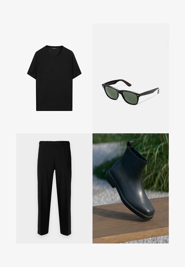 Black lightweight jacket with a collared neck, front zip closure, side pockets, and elasticized waistband. Smooth, matte texture.; Black short-sleeve t-shirt made of smooth cotton. Features a crew neck and a straight hem. Simple, solid design without patterns or accents.; Black trousers made of smooth fabric, featuring a straight cut, two front pockets, and a zip fly with button closure.; Black leather ankle boot with a smooth surface, elastic sides, and a looped pull tab, resting on a wooden surface against a blurred background.; Black plastic sunglasses with green lenses, square frames, silver accent on the brow, and textured temple arms. Stated brand on inner arm.