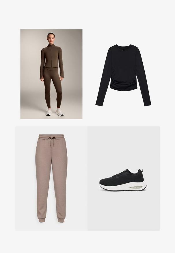 Hnědá sportovní bunda s přiléhavým střihem a legíny vyrobené z elastického materiálu, s vysokým límcem a zipem vepředu, doplněné bílými sportovními botami.; Černý dlouhý rukáv top s kulatým výstřihem a nařasením po stranách, vystavený na jednoduchém bílém pozadí.; ONLY Play ONPLOUNGE LIFE - Teplákové kalhoty - brown; Černé sportovní tenisky s texturovaným pleteným svrškem, bílou mezipodešví a viditelným vzduchovým polštářem. Obsahují černé tkaničky a poutko.