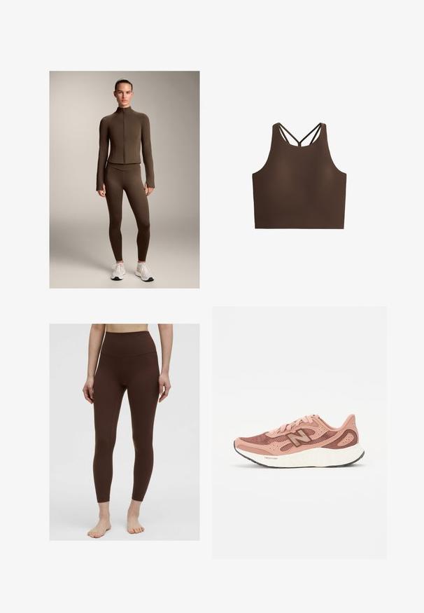 Brun tætsiddende atletisk jakke og leggings lavet af strækbart materiale, med høj krave og lynlås foran, parret med hvide sneakers.; Brun atletisk crop top med en glat tekstur, der har en høj halsudskæring og krydset stropper på ryggen for ekstra støtte.; Brune højtaljede leggings med en glat tekstur, tætsiddende design og uden synlige mønstre. Syninger langs siderne.; Lyserød løbesko med en mesh-overdel, der har et tekstureret design og brune detaljer. Letvægts sål med betydelig polstring.