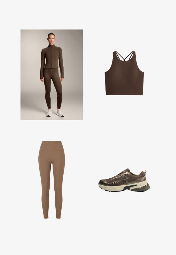Braune, enganliegende Sportjacke und Leggings aus dehnbarem Material, mit hohem Kragen und Reißverschlussfront, kombiniert mit weißen Sportschuhen.; Braunes sportliches Crop-Top mit glatter Textur, das über einen hohen Kragen und überkreuzte Träger auf dem Rücken für zusätzlichen Halt verfügt.; Braune, gerippte Leggings mit hohem Bund. Der Stoff scheint dehnbar und glatt zu sein, mit minimaler Naht und ohne sichtbare Muster.; Brauner Sportschuh mit Mesh-Obermaterial, metallischen Akzenten, dicker weißer Zwischensohle und strukturiertem schwarzen Sohle. Verfügt über Schnürsenkel und eine Zuglasche.