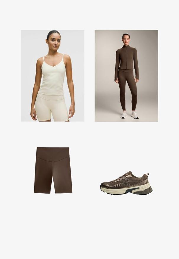Bruine getailleerde sportjack en leggings van rekbaar materiaal, met een hoge kraag en ritssluiting aan de voorkant, gecombineerd met witte sportschoenen.; Lichtbeige sporttop met dunne bandjes, V-hals en een soepele stof. Gecombineerd met bijpassende aansluitende shorts in dezelfde kleur.; Bruine, nauwsluitende shorts gemaakt van zachte, rekbare stof. Ze hebben een hoge tailleband en een gladde textuur zonder zichtbare patronen of accenten.; Bruine sportieve schoen met een bovenwerk van mesh, metallic accenten, dikke witte tussenzool en een gestructureerde zwarte zool. Voorzien van veters en een trekband.