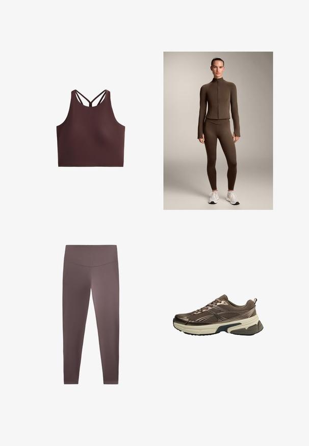 Jachetă sportivă ajustată, de culoare maro, și colanți din material elastic, cu guler înalt și fermoar frontal, asortați cu pantofi sport albi.; Top sportiv maro, cu guler înalt, bretele subțiri formând un model în X la spate, realizat dintr-un material neted și elastic.; Leggings maro cu o textură netedă și elastică și talie înaltă. Prezintă un design ajustat care se extinde până la glezne. Fără modele vizibile.; Pantofii sport maro au o parte superioară din plasă, accente metalice, o talpă intermediară groasă albă și o talpă texturată neagră. Dispun de șireturi și o bandă de prindere.