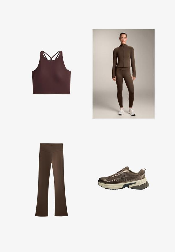 Braune, enganliegende Sportjacke und Leggings aus dehnbarem Material, mit hohem Kragen und Reißverschlussfront, kombiniert mit weißen Sportschuhen.; Braunes Sport-Crop-Top mit hohem Kragen, schmalen Trägern, die ein X-Muster am Rücken bilden, aus glattem, dehnbarem Stoff.; Braune Schlaghosen mit hohem Bündchen und einem Kreuzdesign. Hergestellt aus einem glatten, elastischen Material für Komfort und Passform.; Brauner Sportschuh mit Mesh-Obermaterial, metallischen Akzenten, dicker weißer Zwischensohle und strukturiertem schwarzen Sohle. Verfügt über Schnürsenkel und eine Zuglasche.