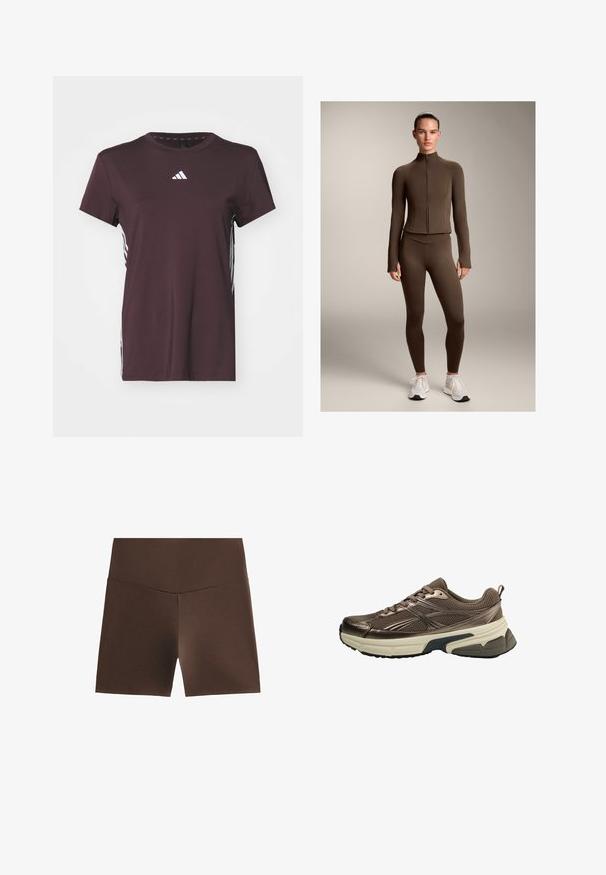 Brązowa dopasowana kurtka sportowa i legginsy wykonane z elastycznego materiału, z wysokim kołnierzem i zamkiem z przodu, zestawione z białymi butami sportowymi.; adidas Performance - Koszulka sportowa; Brązowe sportowe spodenki z wysokim pasem, wykonane z elastycznego materiału, o gładkiej strukturze i prostym designie, bez wzorów.; Brąski but sportowy z siateczkową górą, metalicznymi akcentami, grubą białą podeszwą środkową i teksturowaną czarną podeszwą. Posiada sznurówki i uchwyt.