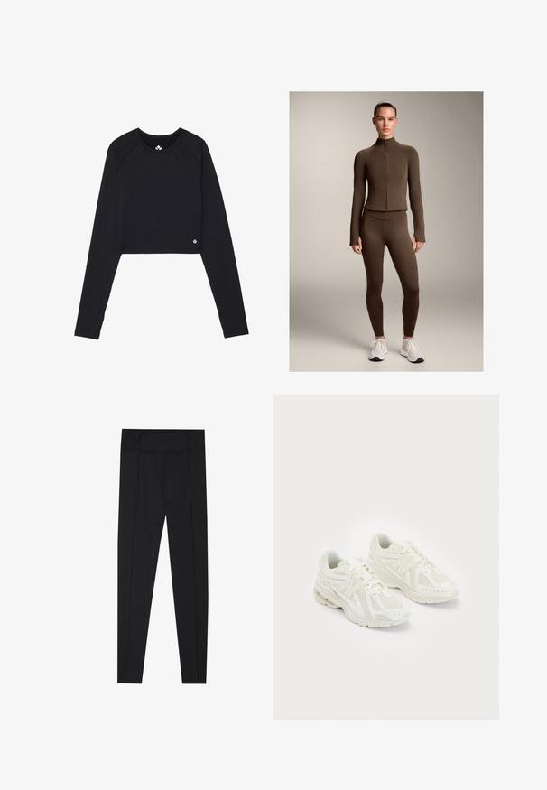 Bruine getailleerde sportjack en leggings van rekbaar materiaal, met een hoge kraag en ritssluiting aan de voorkant, gecombineerd met witte sportschoenen.; Zwarte cropped lange mouwen top van rekbaar stof. Heeft een ronde halslijn en een klein logo-accent aan de zoom.; Zwarte legging met een gladde textuur, hoge tailleband en stiksels langs de zijkanten. Slim-fit ontwerp, geschikt voor verschillende activiteiten.; Witte sportschoenen van mesh en synthetische materialen, vetersluiting, gevoerde kraag en een gestructureerde zool voor grip. Lichtgewicht constructie.