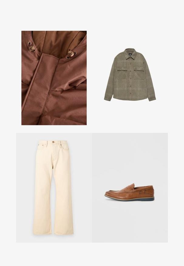 Tessuto di una giacca isolante marrone con una texture liscia. Presenta un colletto alto, doppi chiusure con cordino e elementi di design trapuntati.; Camicia giacca verde oliva con bottoni, caratterizzata da un leggero motivo a quadri, due tasche sul petto con pattina e un colletto classico.; Jeans beige a vita alta con design a gamba larga, realizzati in denim, con chiusura frontale a bottone e due tasche posteriori.; Mocassini in pelle marrone con punta tondeggiante, dettagli cuciti e suola in gomma bassa. Il design presenta una banda sulla parte superiore.