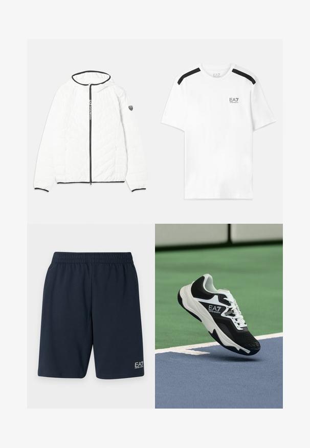 Balts iešūts jakas ar kapuci, melna rāvējslēdzēja, un kontrastējošiem melniem apmalēm gar apakšmalu un piedurknēm. Ir logotipa detalizējums uz piedurknes.; Baila īsām piedurknēm T-krekls ar melnām akcentu svītrām uz pleciem. Uz krūšu daļas ir neliels melns logo. Izgatavots no mīkstas, gludas auduma.; Jūras zila elastīga jostasvieta šorti, izgatavoti no mīkstas auduma, ar sānu kabatām un mazu baltu EA7 logo kreisajā apakšējā kājā.; Melnā un baltā krāsā EA7 Emporio Armani sporta apavi, kas karājas virs zila un zaļa tenisa korta līnijām.