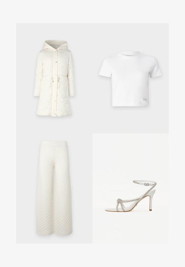 Postavljeni krem kaput s kapuljačom, zatvaranjem na gumbe, podesivim strukom i dekorativnim šavovima. Ima mekanu tkaninu i rebrasti ovratnik.; Bijela skraćena majica izrađena od glatkog pamuka, s visokim izrezom i kratkim rukavima. Mali izvezeni logo u donjem kutu.; Hlače širokih nogavica u krem boji, s teksturiranim kviltanim uzorkom, elastičnim pojasom i glatkom tkaninom s suptilnim sjajem.; Bijela sandala s visokom petom i teksturiranim remenom ukrašenim rhinestones, otvorenog prsta, s remenom oko gležnja i podesivom kopčom.