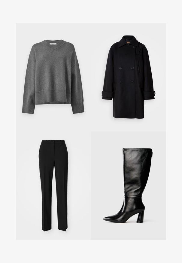 Juodas vilnonis dvigubas kailis su iškarpytu apykakle, dideliais mygtukais, šoninėmis kišenėmis ir rankogalių detalėmis. Lygus tekstūra ir minimalus dizainas.; Pilkas megztinis su V formos iškirpte, įsiūtomis rankovėmis ir apatiniu kraštu. Yra nusileidusiomis petnešomis ir laisvu, dėžutės formos siluetu. Švelni tekstūra.; Juodi pritaikyti kelnių modeliai su tiesiomis kojomis, pasižyminčios lygiomis tekstūromis ir ryškiomis klostėmis priekyje. Nėra matomų detalių.; Juodai odiniai aukštakulniai batai iki kelių su smailiu nosimi, lygiu paviršiumi ir stambiu kulnu. Yra užtrauktuko detalė gale.