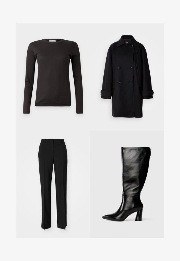Černý vlněný dvouřadý kabát s klopovým límcem, velkými knoflíky, bočními kapsami a detaily na rukávech. Hladká textura a minimalisticý design.; Černé dlouhé rukávy ribbed tričko s kulatým výstřihem, vyrobené z měkkého materiálu, s jednoduchým designem bez zdobení nebo vzorů.; Černé kalhoty na míru se střihem do rovna, které mají hladkou texturu a ostré sklady na přední straně. Bez viditelného kování.; Černá kožená vysoká boot do půli lýtek s špičatou špičkou, hladkou texturou a masivním podpatkem. Obsahuje zip na zadní straně.