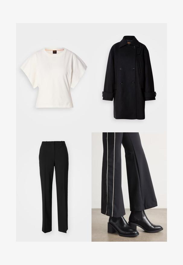 Černý vlněný dvouřadý kabát s klopovým límcem, velkými knoflíky, bočními kapsami a detaily na rukávech. Hladká textura a minimalisticý design.; Bílý zkrácený T-shirt, krátké široké rukávy, měkký bavlněný materiál, kulatý výstřih s jemným oranžovým lemováním, minimalistický design, bez vzorů nebo grafik.; Černé kalhoty na míru se střihem do rovna, které mají hladkou texturu a ostré sklady na přední straně. Bez viditelného kování.; Černé kožené kotníkové boty na blokovém podpatku, s elastickými bočními panely. V kombinaci s černými kalhotami, které mají bílý boční pruh.